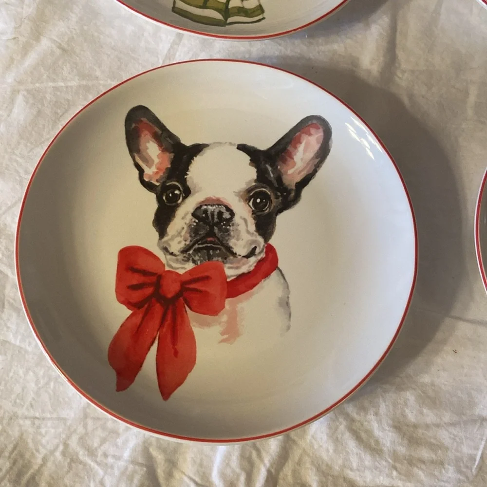 New in box Pier 1 Holiday Christmas dogs set of 4 salad plates.